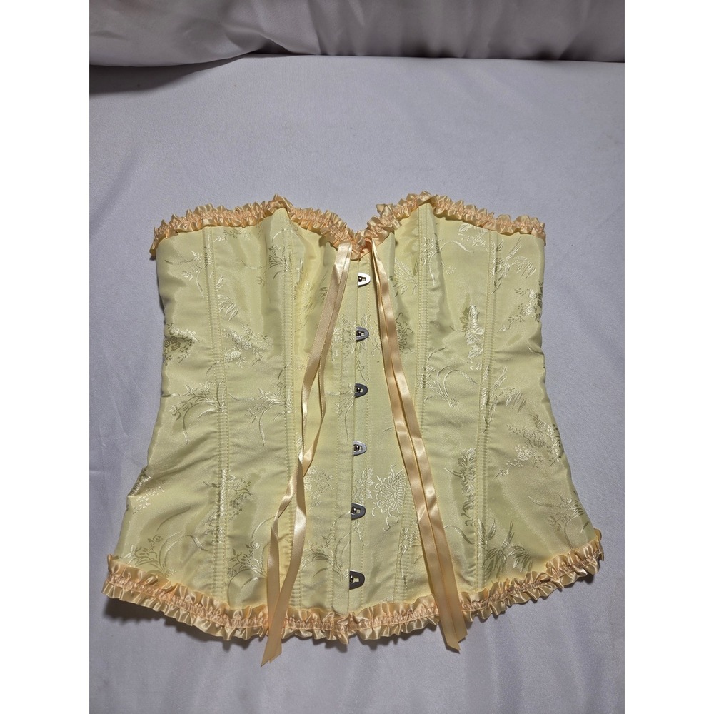 SZIVYSHI Yellow Floral Brocade Corset Top Lace Up Ruffle Trim L